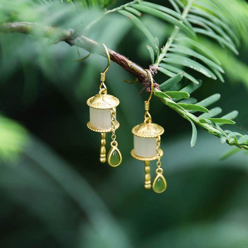 925 Sterling Silver Jade Prayer Wheel Luck Drop Earrings