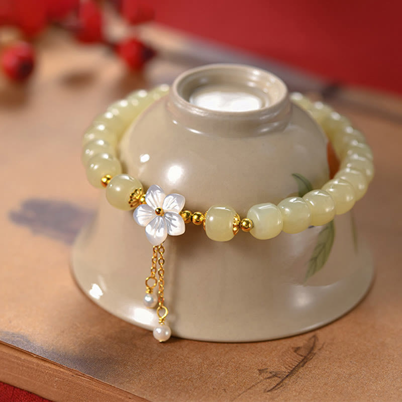 925 Sterling Silver Natural Hetian Jade Luck Flower Bracelet
