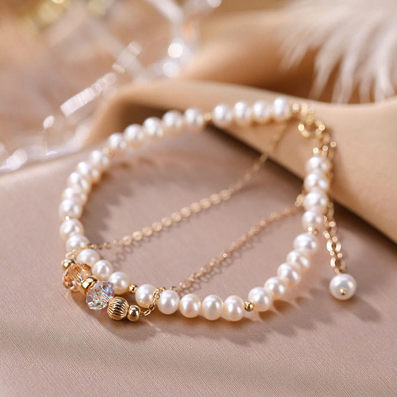 925 Sterling Silver Plated 14k Gold Natural Pearl Crystal Healing Double Layer Bracelet