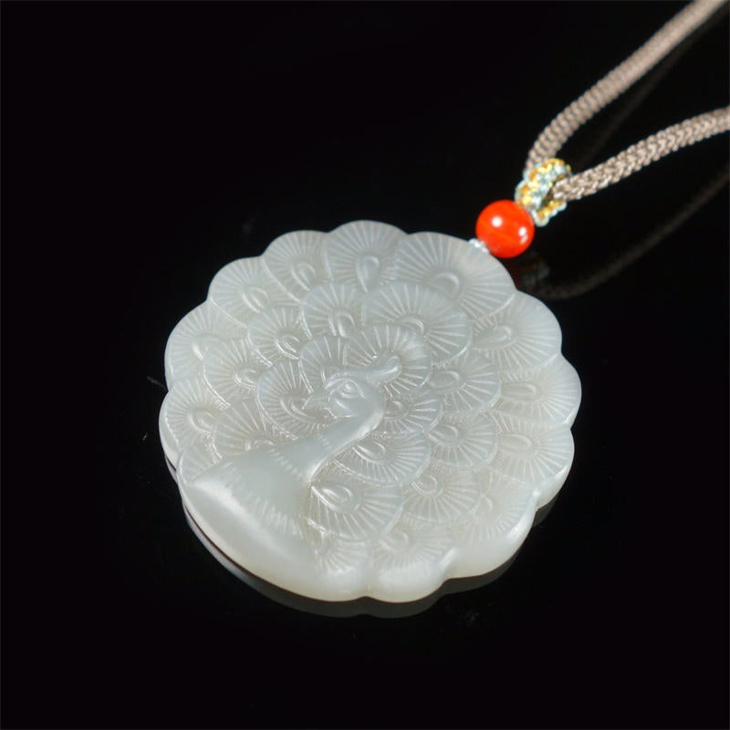 White Jade Peacock Protection Blessing Necklace Pendant - Image 3