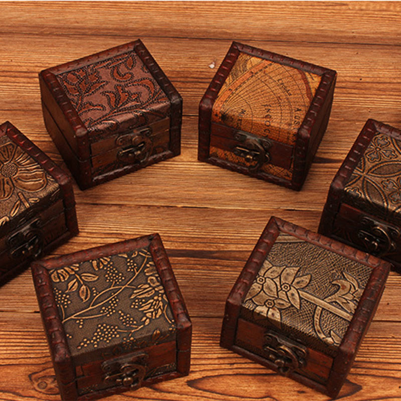 Retro Small Square Wood Jewelry Box Lotus Grass Flower Grape Copper Coin Daffodil Jewelry Storage Box - Image 23