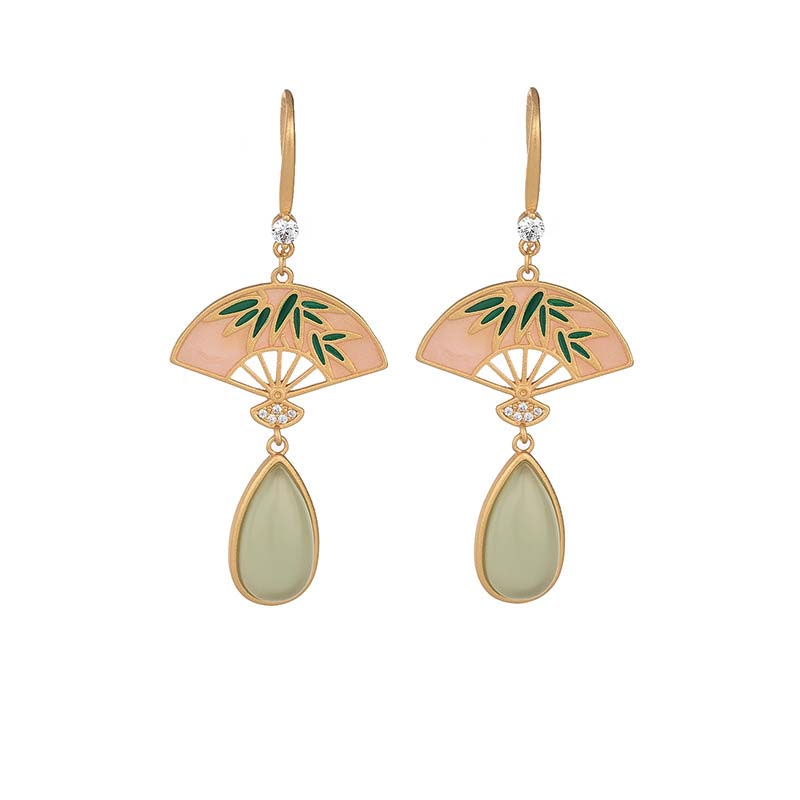 Natural Green Aventurine Fan Pattern Luck Drop Earrings - Image 5