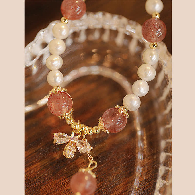 Natural Pearl Strawberry Quartz Healing Cute Honey Bee Charm Bracelet - Image 5