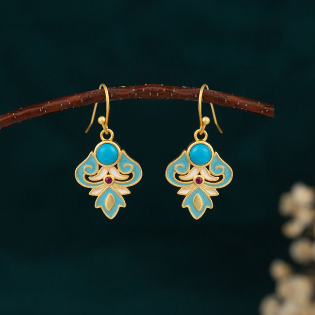 Copper Enamel Turquoise Positive Drop Earrings