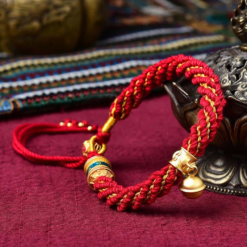 Tibetan Handmade Luck Protection Thangka Prayer Wheel Bell Charm Braid String Bracelet - Image 9