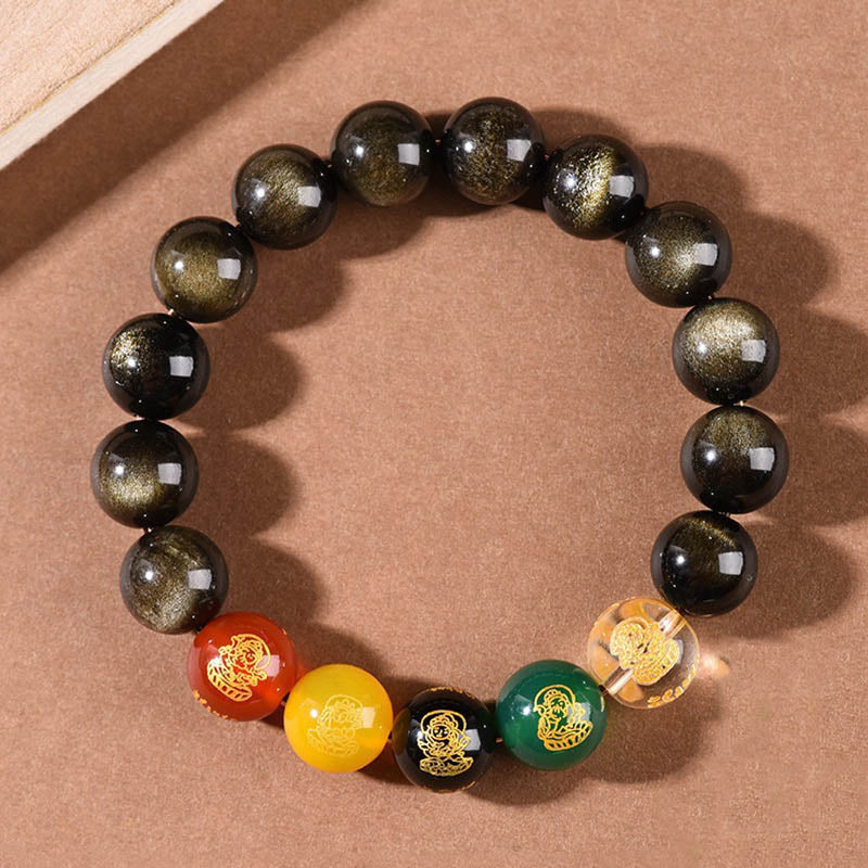 Gold Sheen Obsidian Rainbow Obsidian Black Obsidian Five Directions Gods of Wealth Bracelet