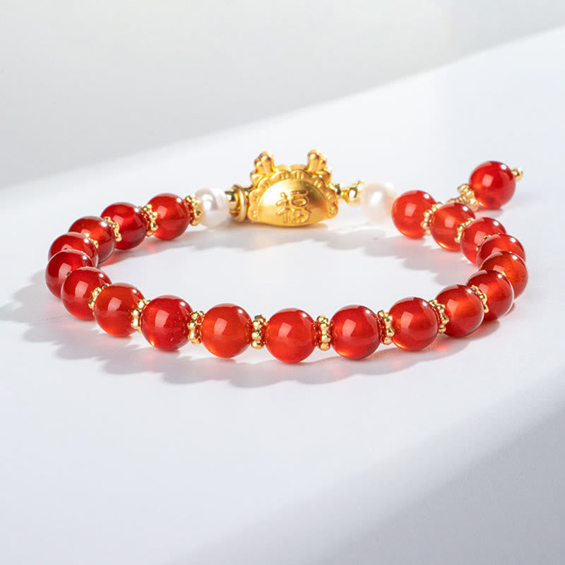 Year Of The Dragon Natural Red Agate Pink Crystal Black Onyx Dumpling Luck Fu Character Bracelet - Image 5