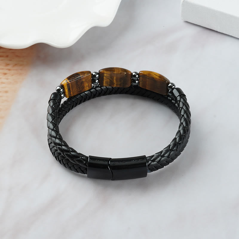 Natural Tiger Eye Protection Willpower Magnetic Buckle Leather Bracelet - Image 7