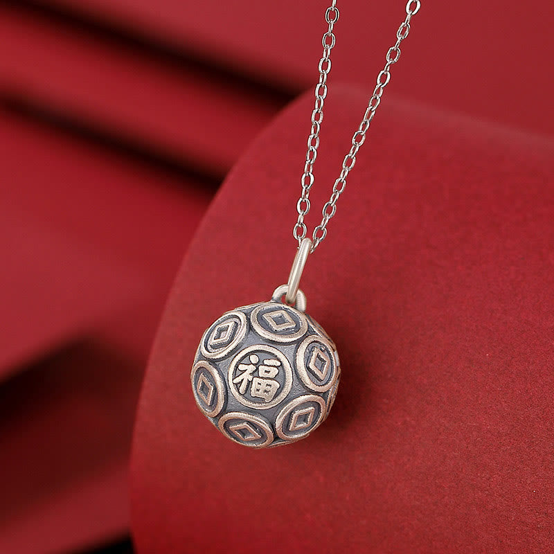 990 Sterling Silver Fu Character Copper Coin Luck Fortune Chain Necklace Pendant