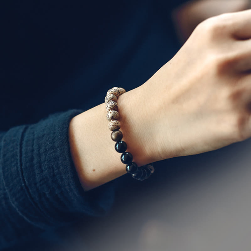 Tibetan Bodhi Seed Black Obsidian Ebony Wood Copper Peace Bracelet - Image 5