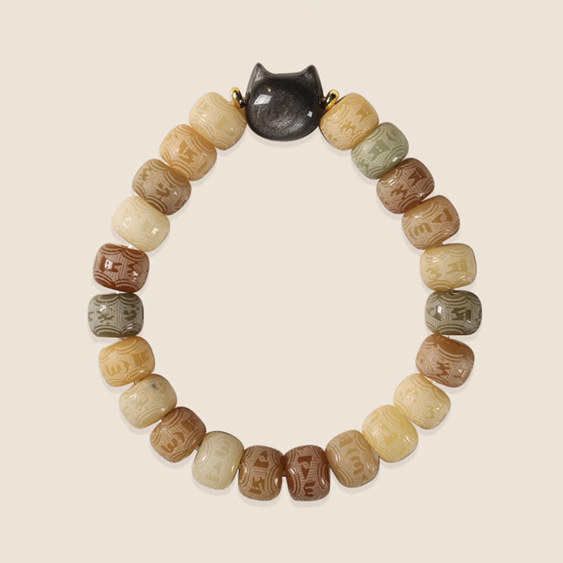 Bodhi Seed Silver Sheen Obsidian Cat Head Om Mani Padme Hum Engraved Harmony Bracelet - Image 6