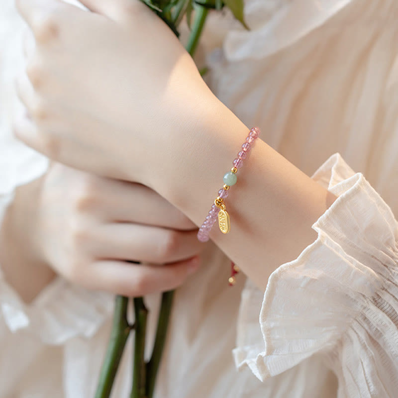 Natural Strawberry Quartz Garnet Jade Lucky Fortune Fu Character Healing Charm Bracelet - Image 8