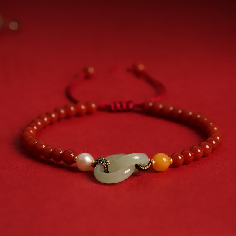 Natural Red Agate Hetian Jade Double Peace Buckle Confidence Bracelet