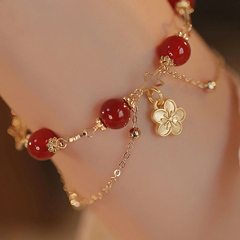 14k Gold Plated Red Agate Star Flower Charm Calm Bracelet - Image 11