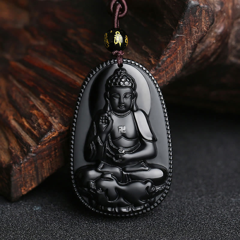 Chinese Zodiac Natal Buddha Natural Black Obsidian Purification Necklace Pendant - Image 3