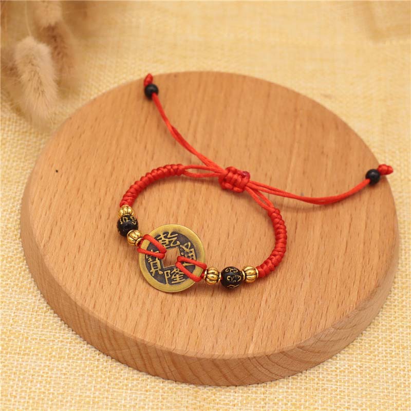 Copper Coin Fortune Red String Weave Bracelet