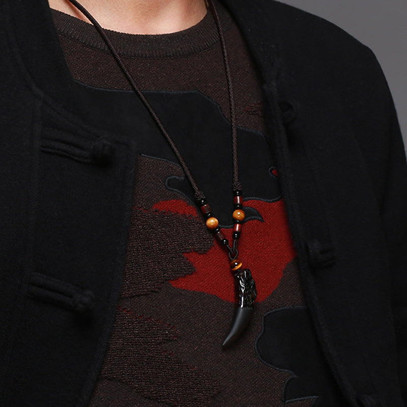 Natural Ice Obsidian Wolf Tooth Pattern Courage Necklace Pendant - Image 6