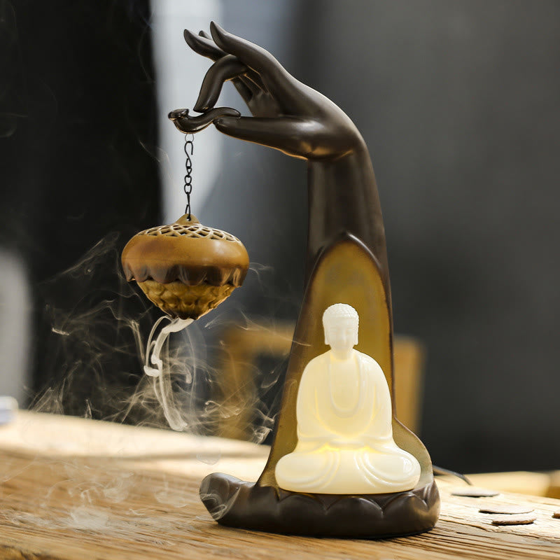 Led Buddha Hand Backflow Smoke Fountain Healing Ceramic Stick Incense Burner Decoration