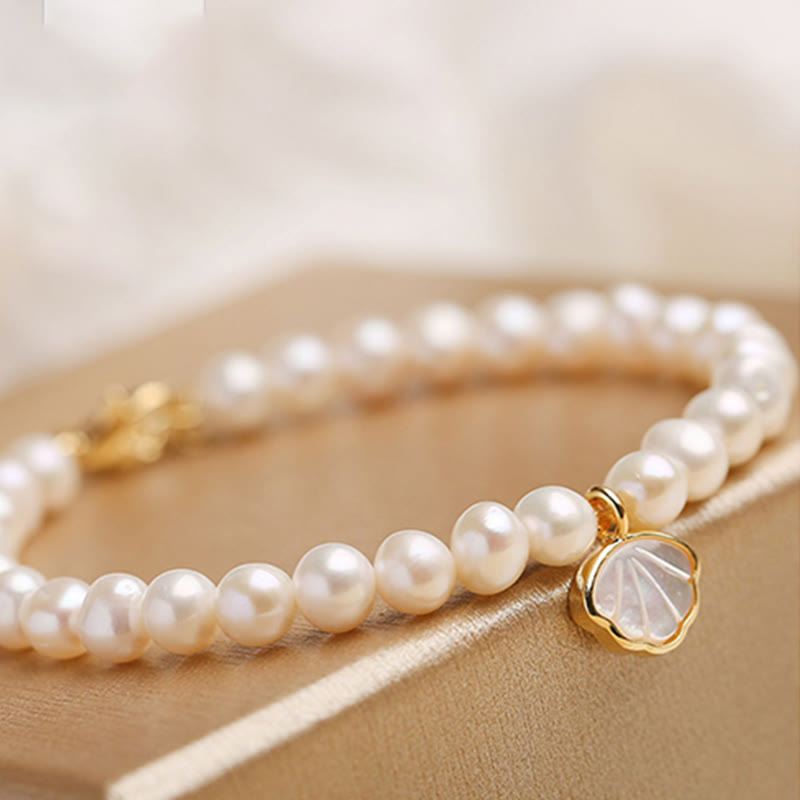 14K Gold Plated Natural Pearl Crystal Shell Charm Bead Bracelet - Image 6