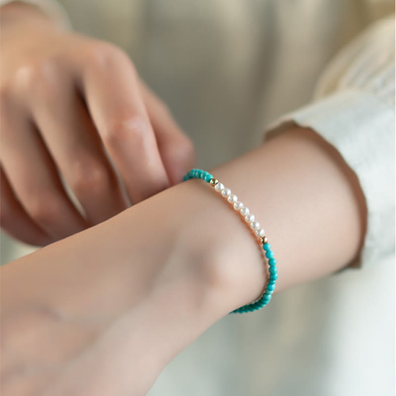 925 Sterling Silver Natural Turquoise Pearl Beaded Bracelet - Image 5