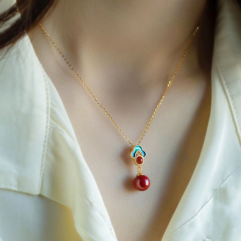 925 Sterling Silver Plated Gold Cinnabar Red Agate Blessing Necklace Pendant Earrings Ring Set - Image 11