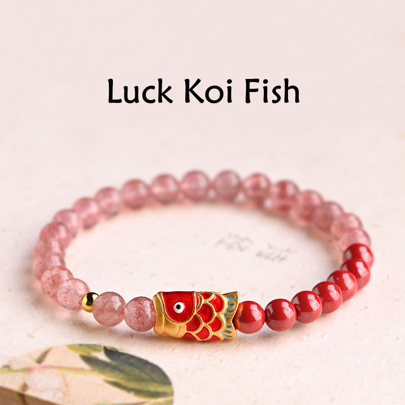Natural Strawberry Quartz Cinnabar Lucky Koi Fish Healing Bracelet