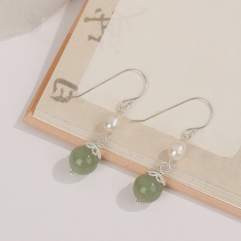 925 Sterling Silver Natural Pearl Jade Wisdom Earrings