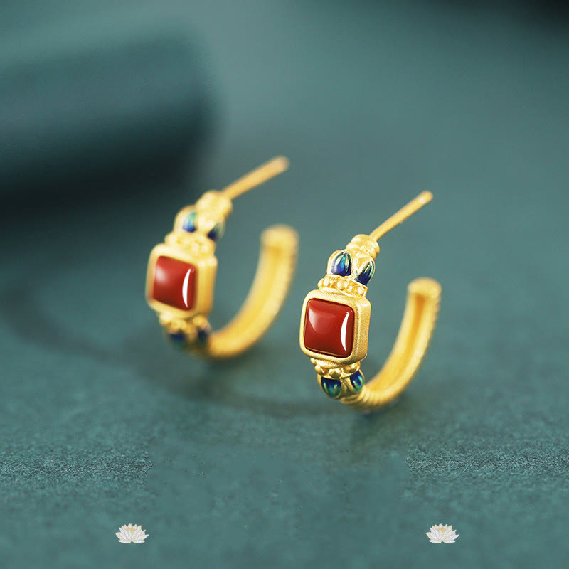 925 Sterling Silver Red Agate Lotus Confidence Calm Stud Earrings - Image 4