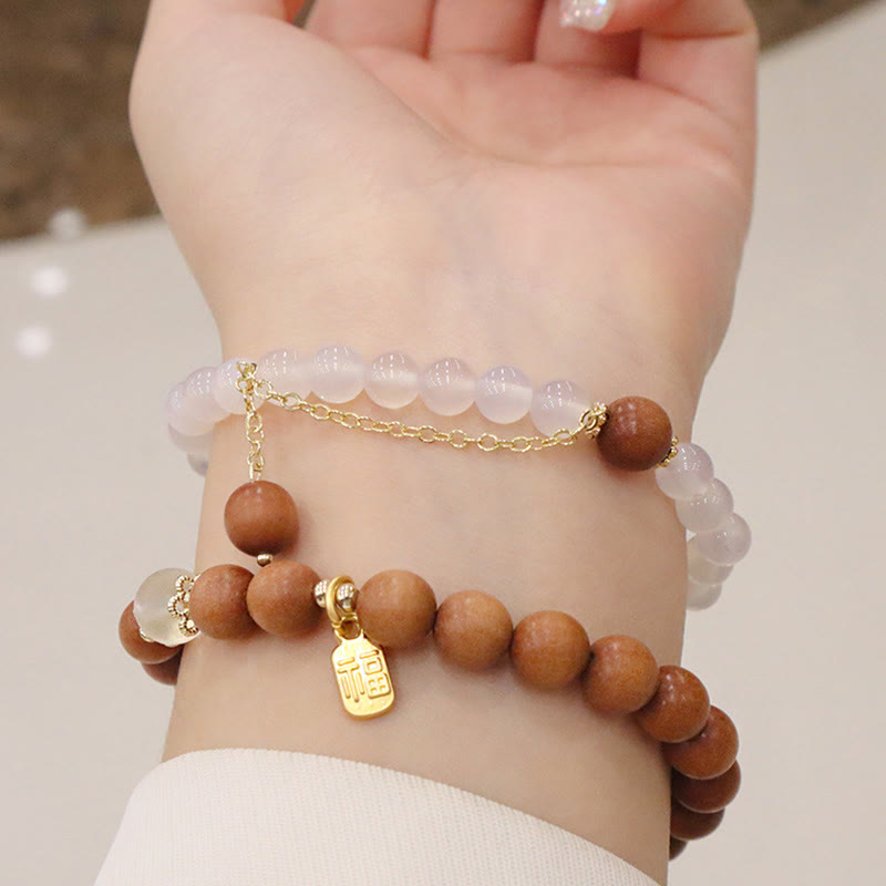 Sandalwood Cat's Eye Fu Character Charm Protection Bracelet