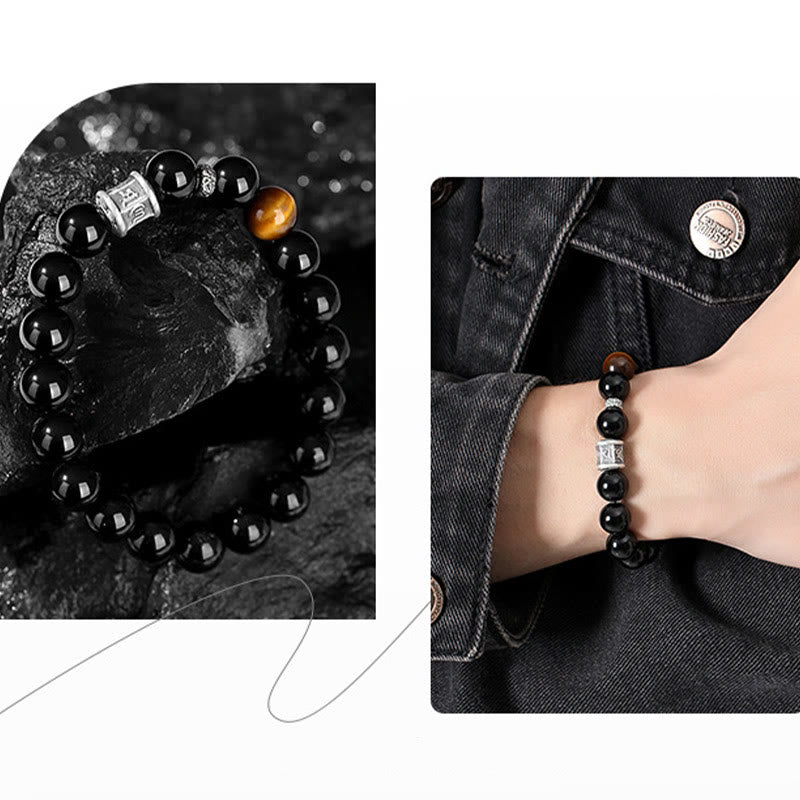 999 Sterling Silver Black Obsidian Tiger Eye Om Mani Padme Hum Fulfillment Bracelet - Image 10