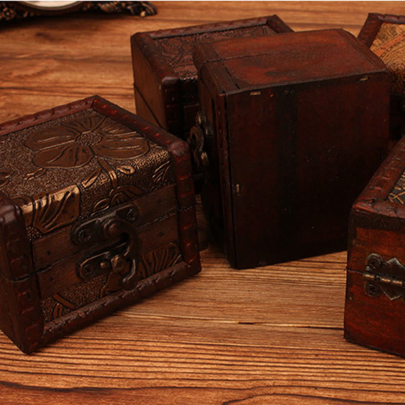 Retro Small Square Wood Jewelry Box Lotus Grass Flower Grape Copper Coin Daffodil Jewelry Storage Box - Image 5