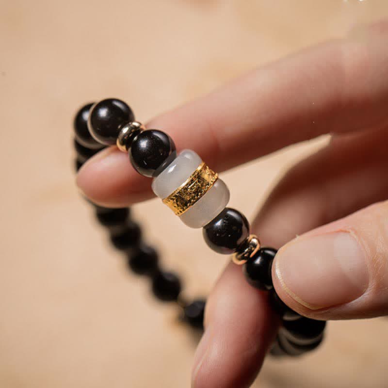 Black Obsidian Jade Om Mani Padme Hum Strength Couple Magnetic Bracelet - Image 3