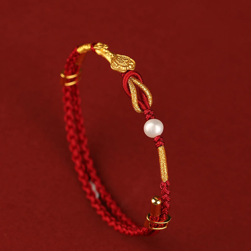 24K Gold Wish Ruyi Handle Fu Character Rabbit Pearl Luck Braided Bracelet - Image 5