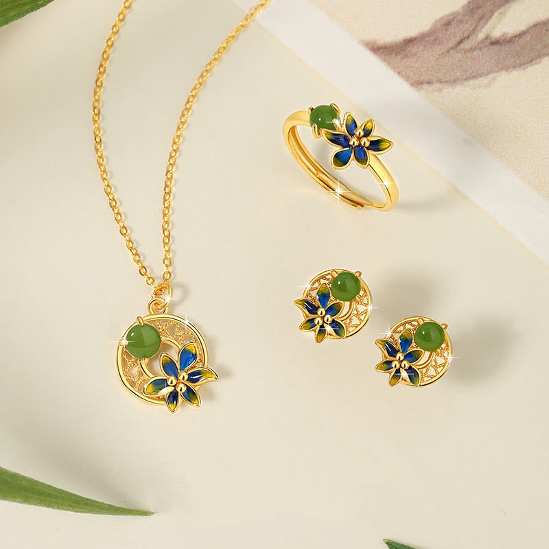 925 Sterling Silver Natural Hetian Cyan Jade Flower Luck Necklace Pendant Ring Earrings Set