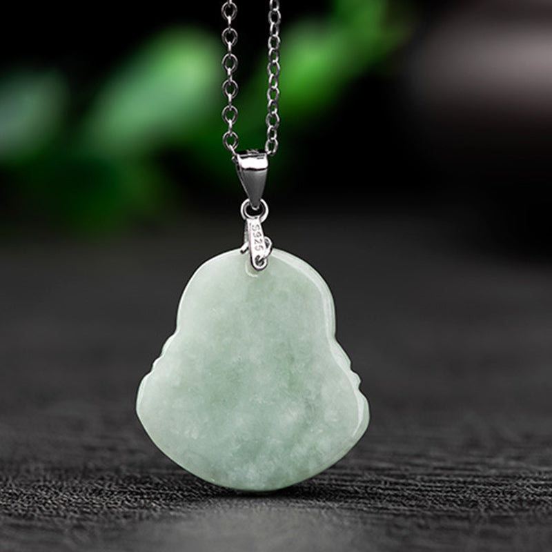925 Sterling Silver Laughing Buddha Jade Blessing Necklace Chain Pendant - Image 7