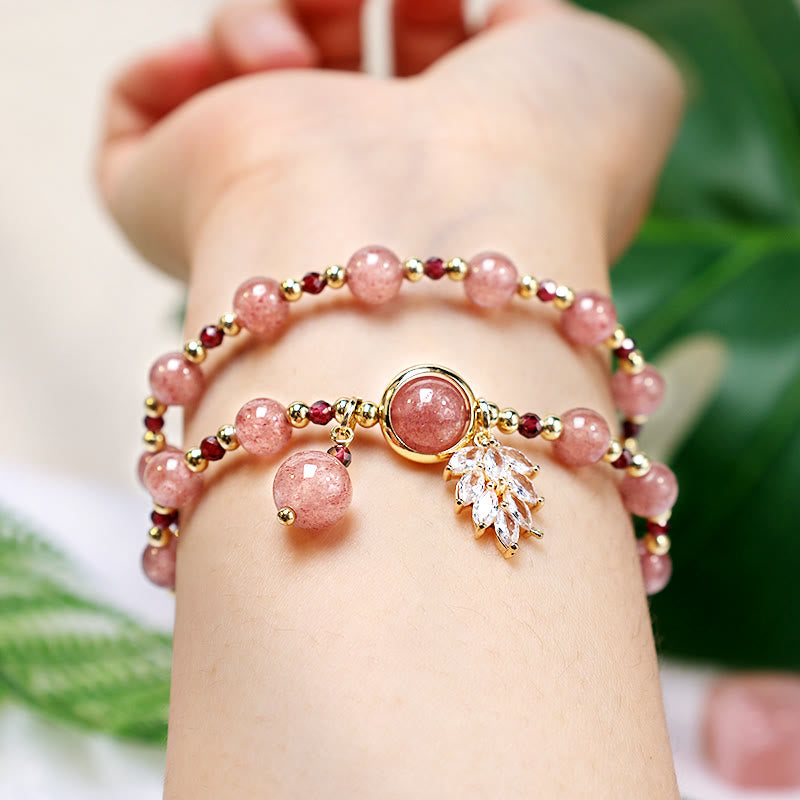 Natural Strawberry Quartz Love Healing Maple Leaf Charm Double Wrap Bracelet - Image 7