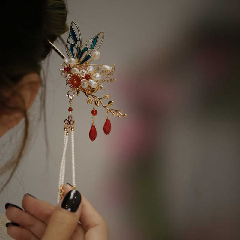 Classical Chinese Style Flower Branche Butterfly Pearl Tassel Hair Clip Hair Comb Hair Crown - Image 16