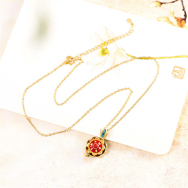 925 Sterling Silver Tibet Lotus Prayer Wheel Red Agate Enlightenment Necklace Pendant - Image 9