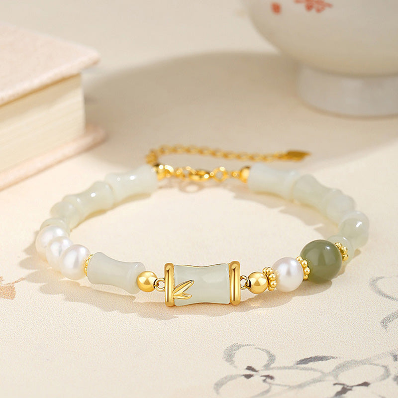 925 Sterling Silver Natural Hetian White Jade Bamboo Luck Blessing Bracelet