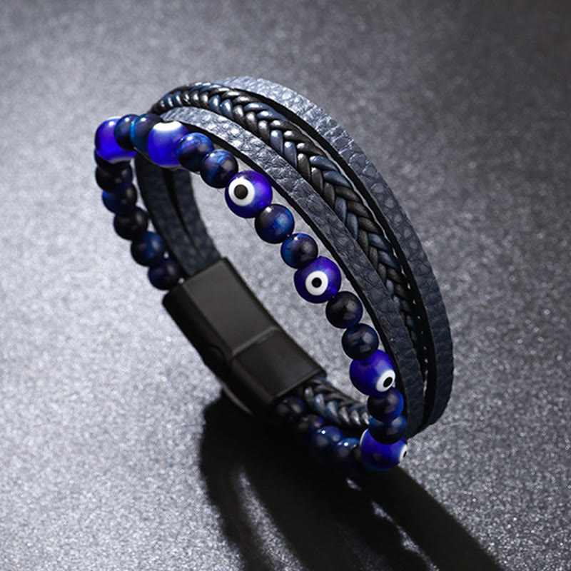Evil Eye Tiger Eye Protection Beaded Multilayered Braided Bracelet