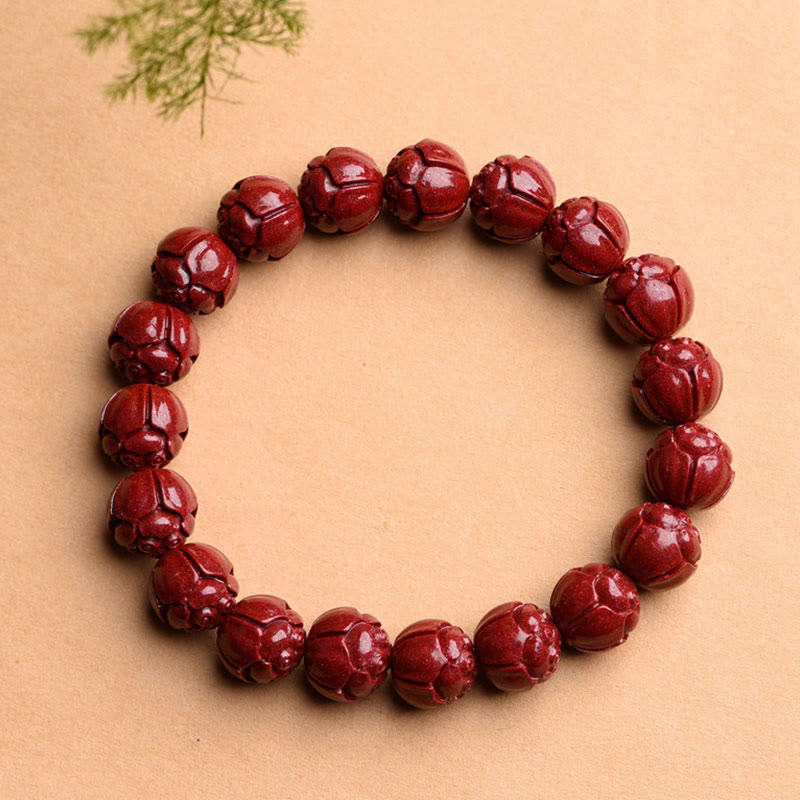 Natural Cinnabar Om Mani Padme Hum Fret Pattern Lotus Blessing Bracelet - Image 7