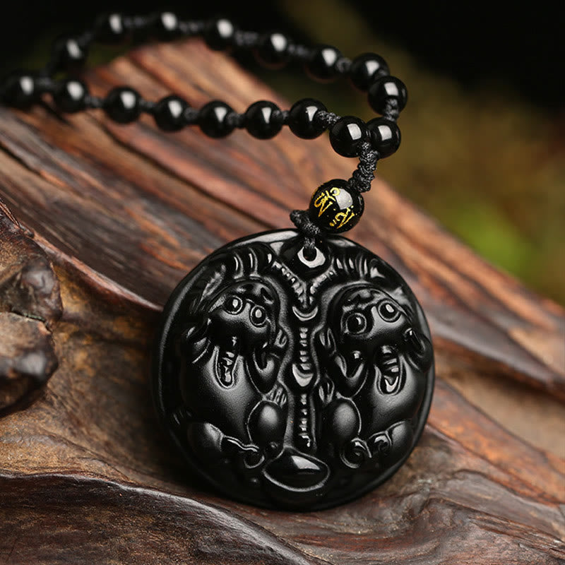 Black Obsidian Double Pixiu Bead Rope Purification Necklace Pendant