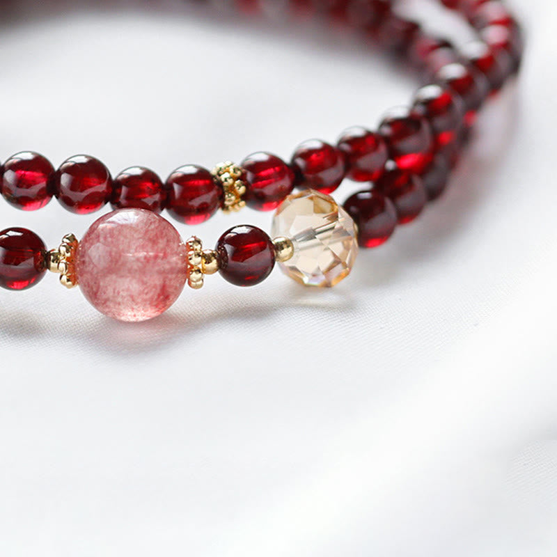 14K Gold Plated Natural Garnet Strawberry Quartz Stability Double Wrap Bracelet - Image 8