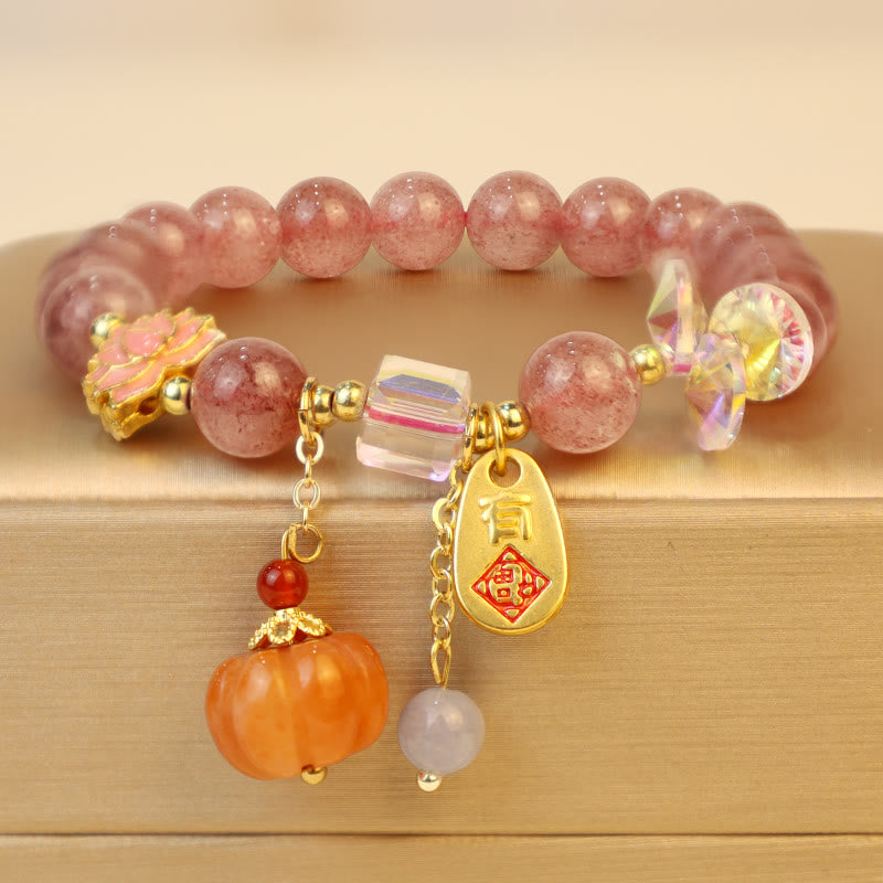 Natural Strawberry Quartz Fu Character Pumpkin Charm Positive Bracelet