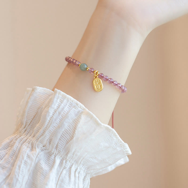 Natural Strawberry Quartz Garnet Jade Lucky Fortune Fu Character Healing Charm Bracelet - Image 6