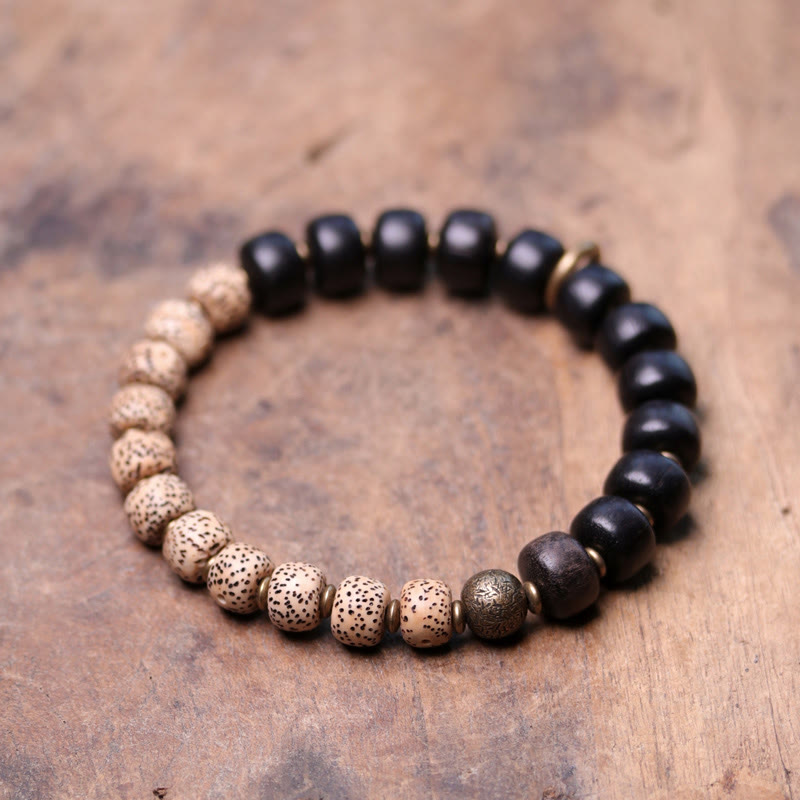Tibetan Bodhi Seed Black Obsidian Ebony Wood Copper Peace Bracelet - Image 8
