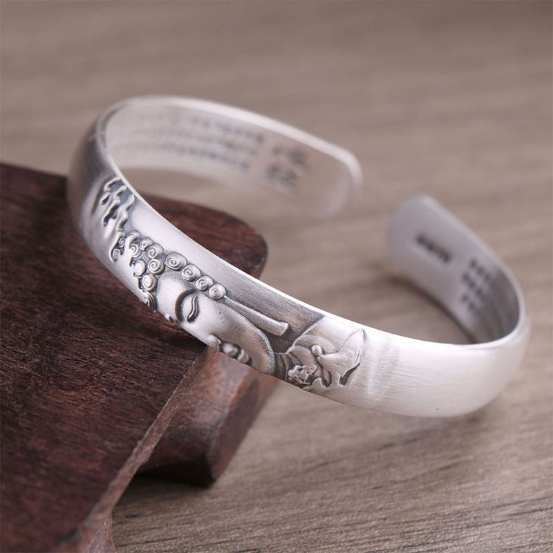 999 Sterling Silver Buddha Head Heart Sutra Serenity Bracelet Bangle - Image 11