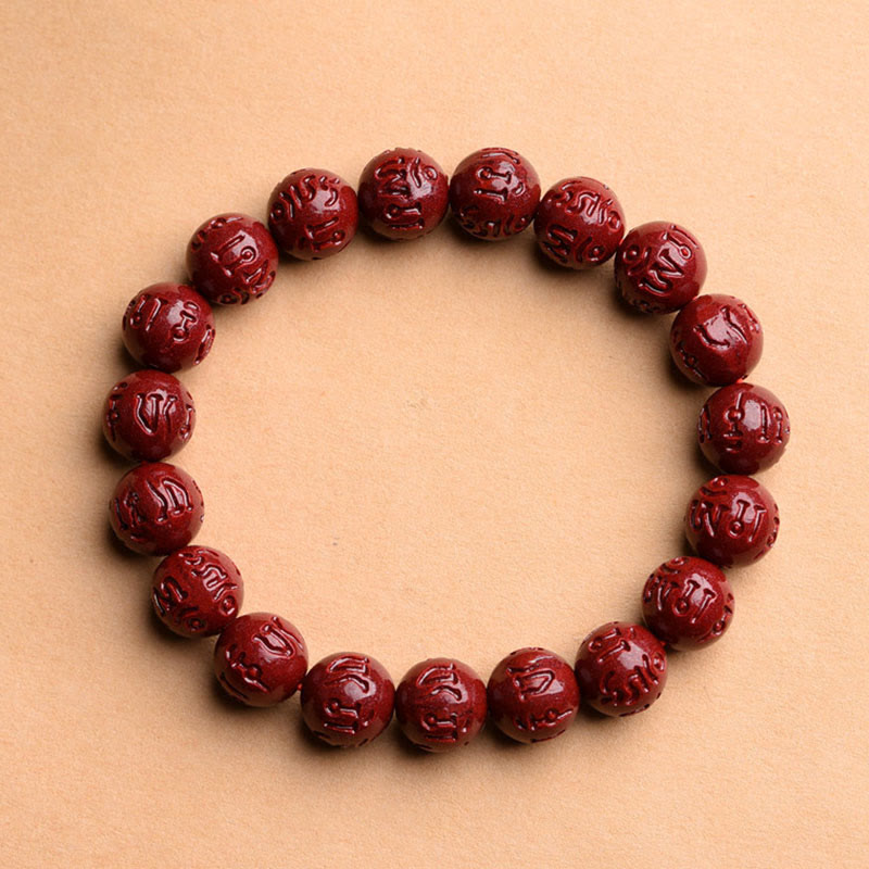 Natural Cinnabar Om Mani Padme Hum Fret Pattern Lotus Blessing Bracelet - Image 3