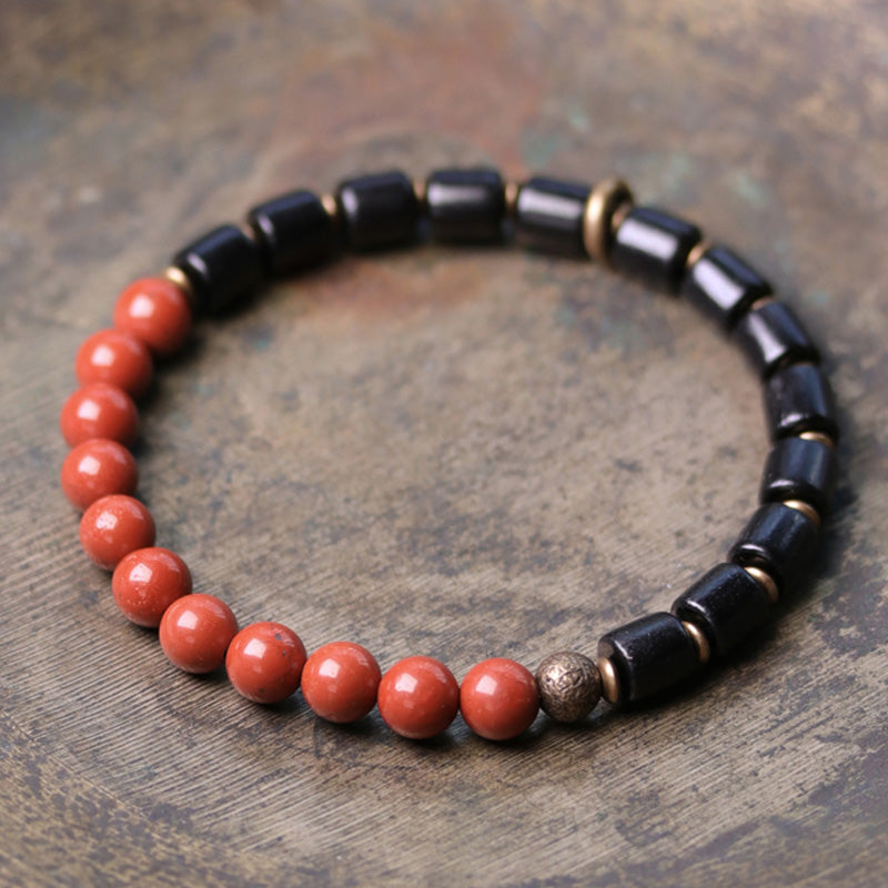 Ebony Wood Red Jasper Moss Agate Crystal Copper Peace Couple Bracelet