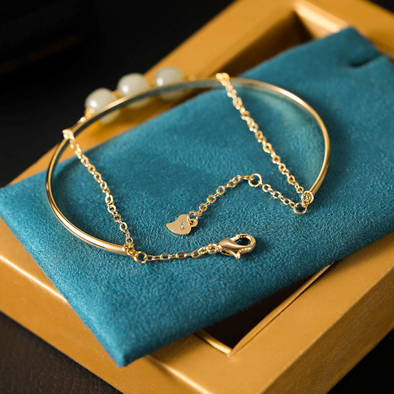 Copper Plated Gold Hetian Jade Bead Luck Double Layer Bracelet Bangle - Image 5